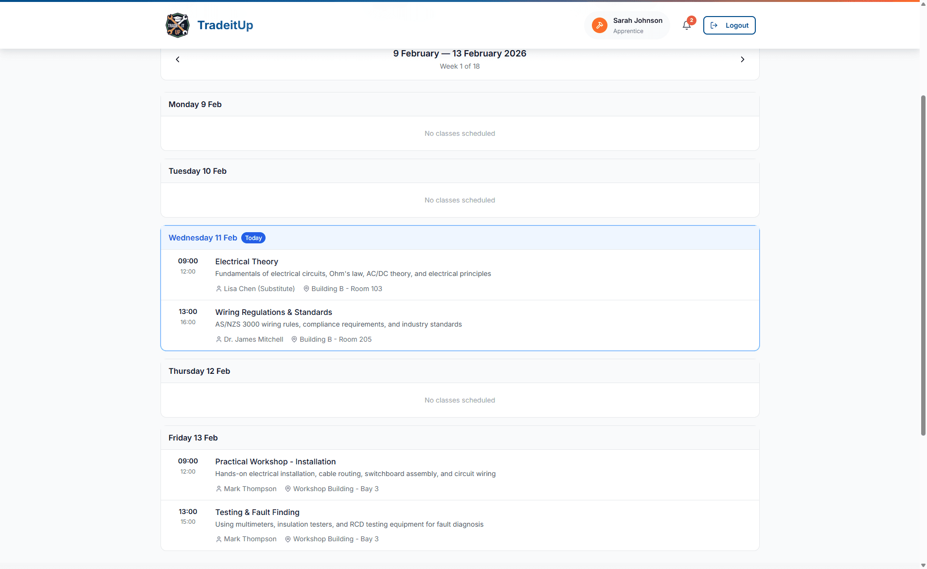 Apprentice timetable showing weekly class schedule
